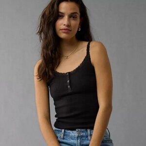 AE Main Squeeze Henley Cami Tank Top Black Rib, Lace Trim